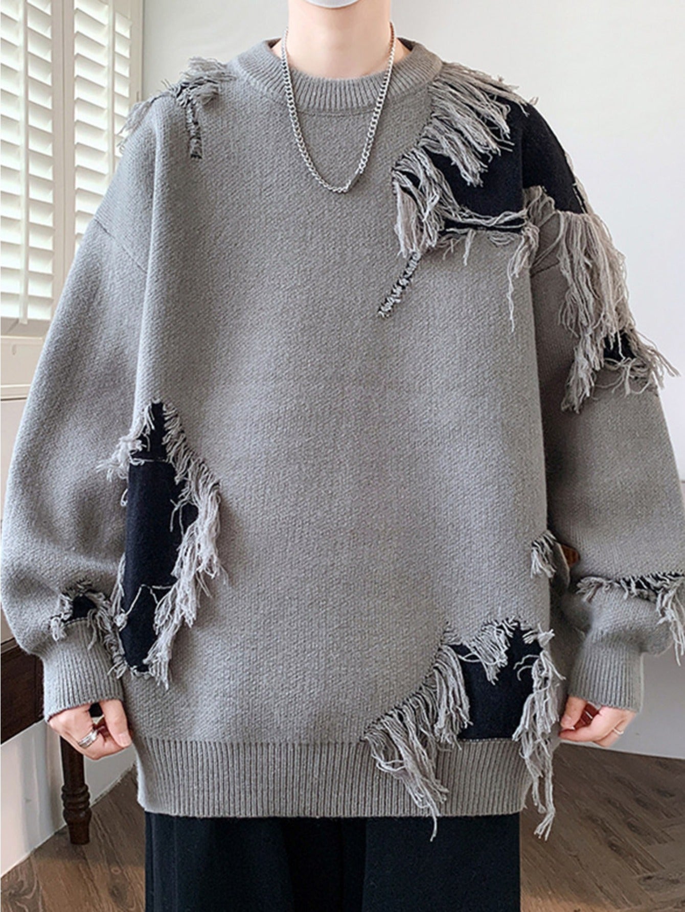 Edgy Teen Youth Distressed Sweater with Fringe Tassels Color Block Patchwork Knit Top Lazy Style Loose Crewneck Wool Pullover Trendy Outer Wear Pullover Jacket, for Teenager