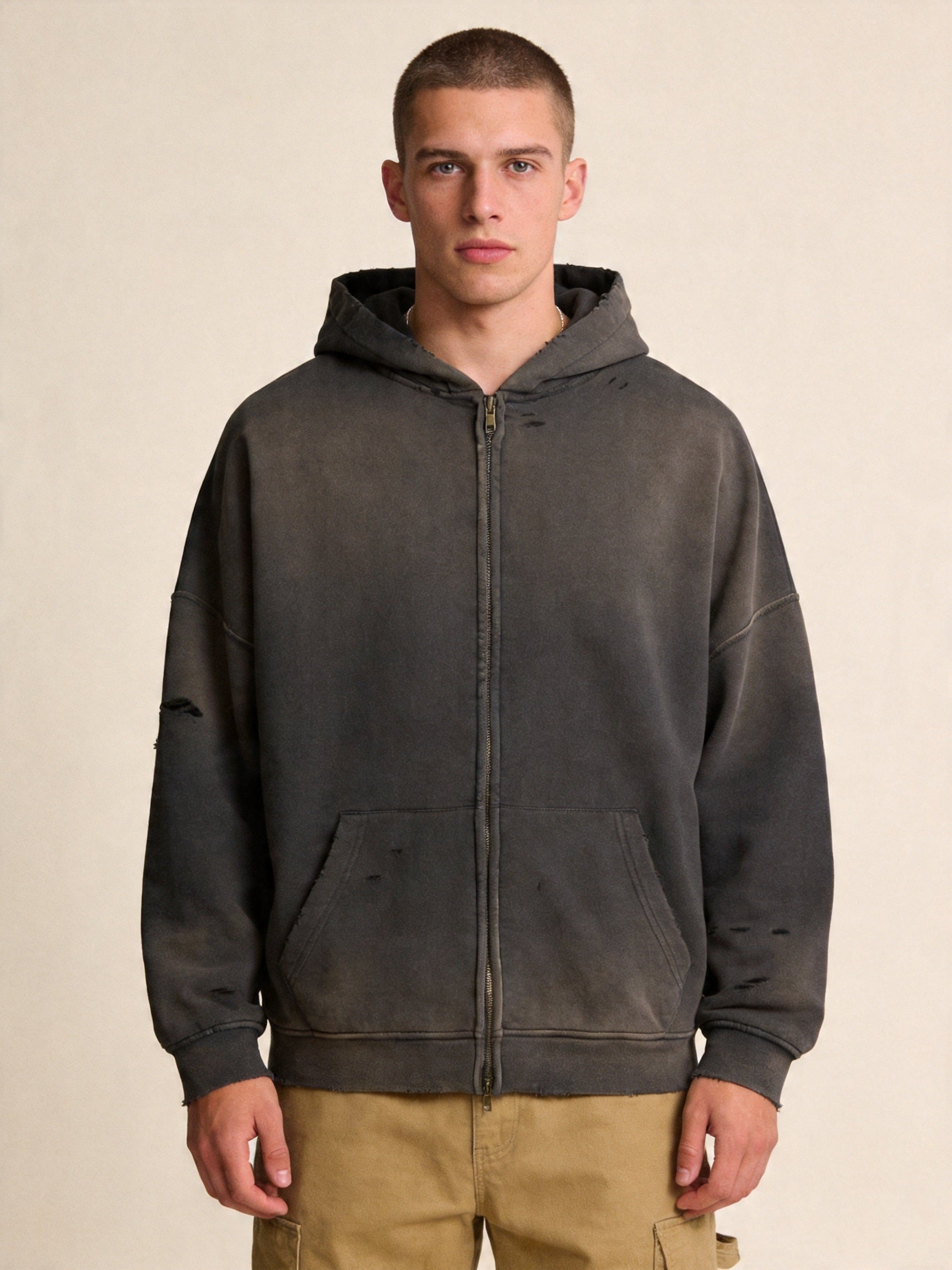 Men's Heavyweight Cotton Grunge Zip-Up Hoodie, Retro Washed Spray-Painted Distressed Oversized Sweatshirt