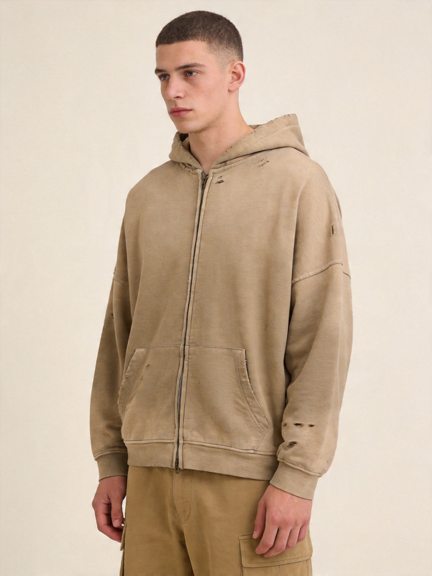 Men's Heavyweight Cotton Grunge Zip-Up Hoodie, Retro Washed Spray-Painted Distressed Oversized Sweatshirt