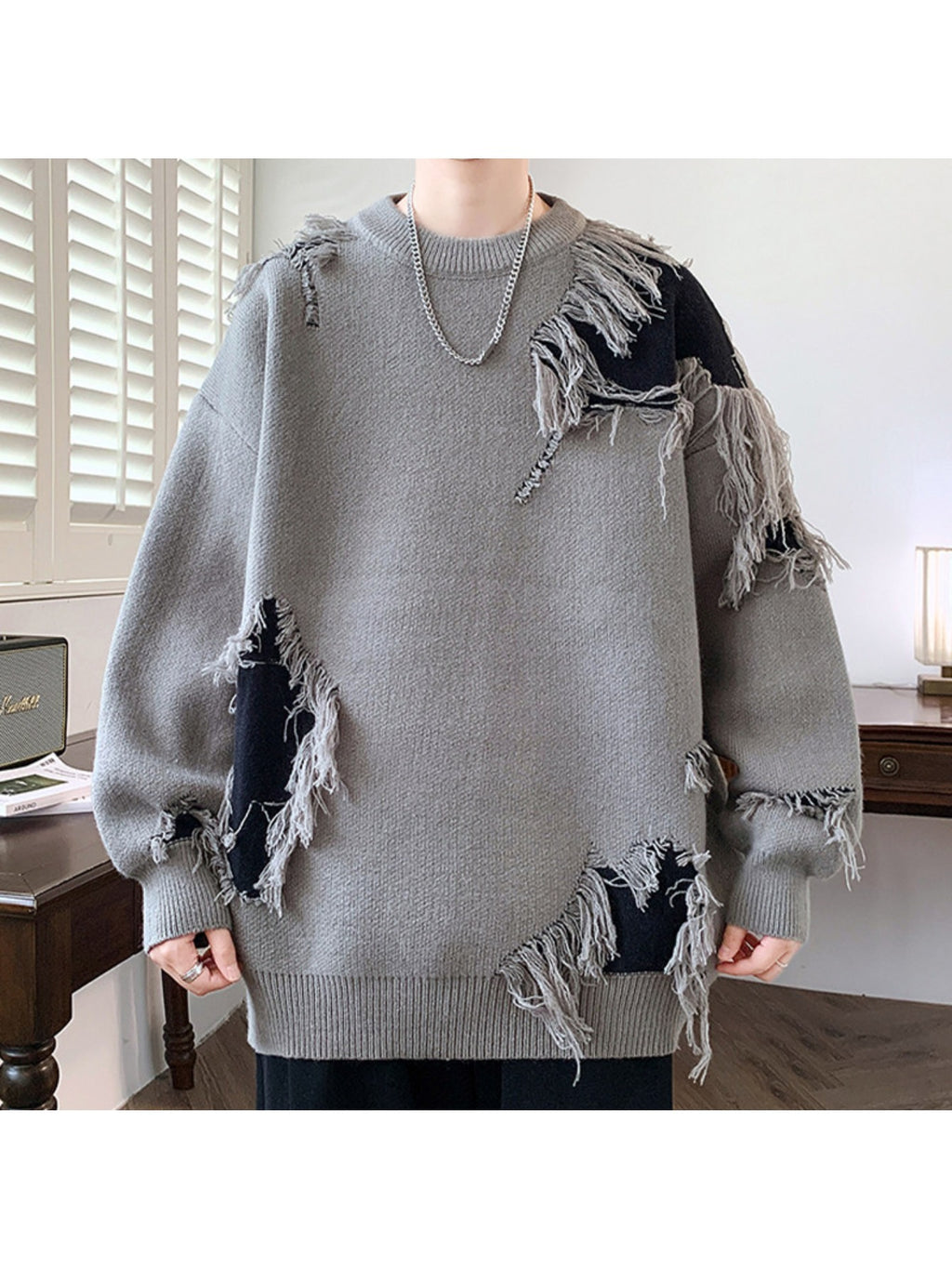 Edgy Teen Youth Distressed Sweater with Fringe Tassels Color Block Patchwork Knit Top Lazy Style Loose Crewneck Wool Pullover Trendy Outer Wear Pullover Jacket, for Teenager