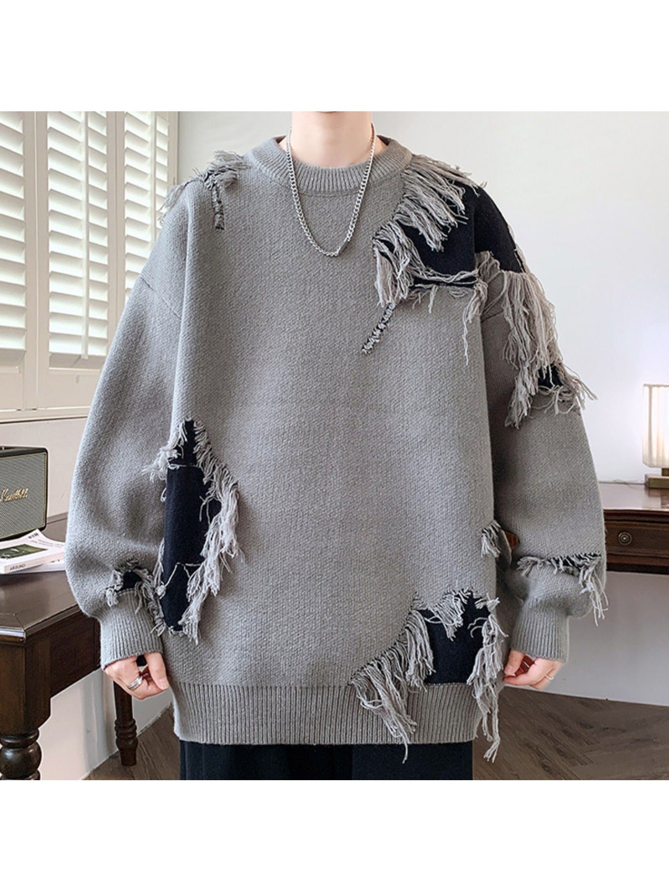 Edgy Teen Youth Distressed Sweater with Fringe Tassels Color Block Patchwork Knit Top Lazy Style Loose Crewneck Wool Pullover Trendy Outer Wear Pullover Jacket, for Teenager