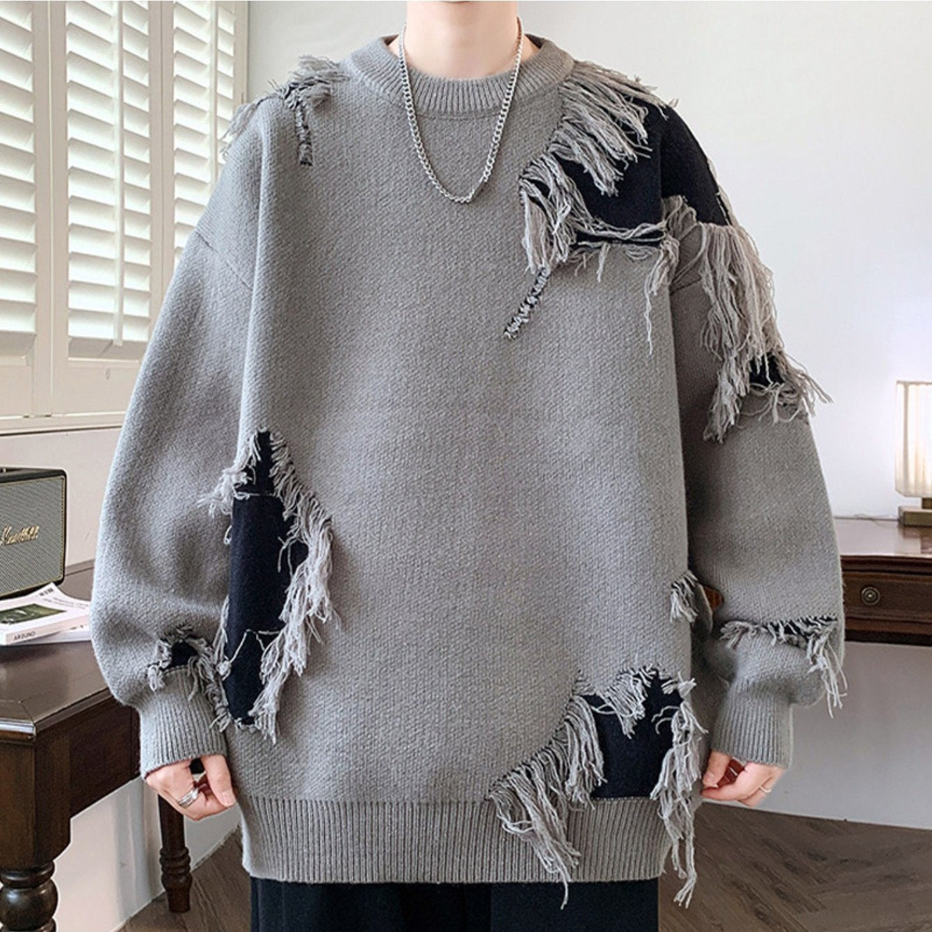 Edgy Teen Youth Distressed Sweater with Fringe Tassels Color Block Patchwork Knit Top Lazy Style Loose Crewneck Wool Pullover Trendy Outer Wear Pullover Jacket, for Teenager
