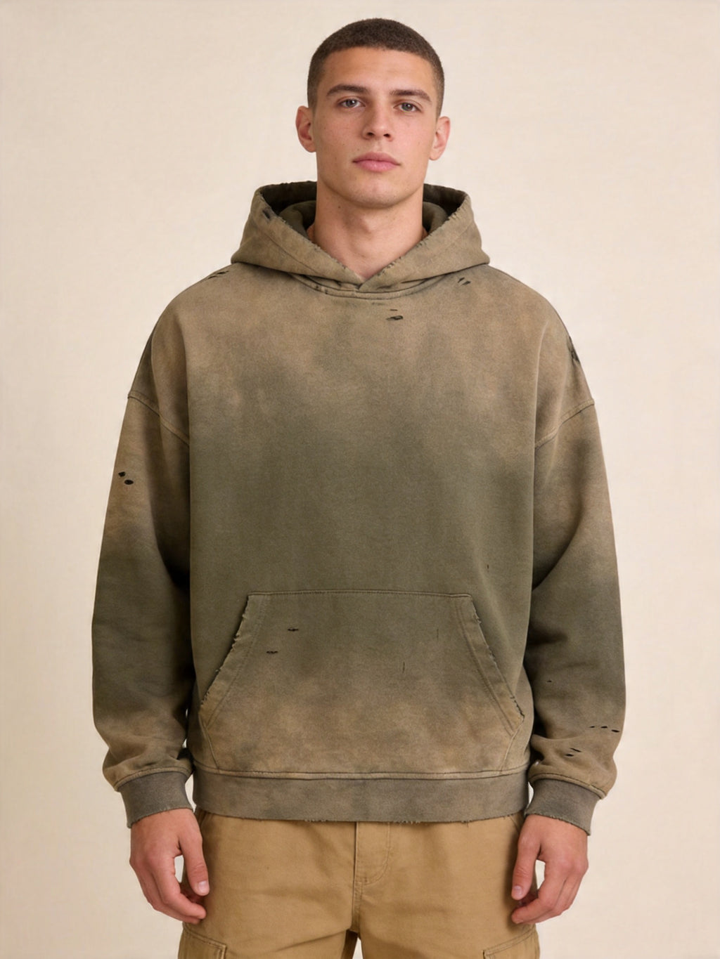 Men's Heavyweight Cotton Grunge Zip-Up Hoodie, Retro Washed Spray-Painted Distressed Oversized Sweatshirt
