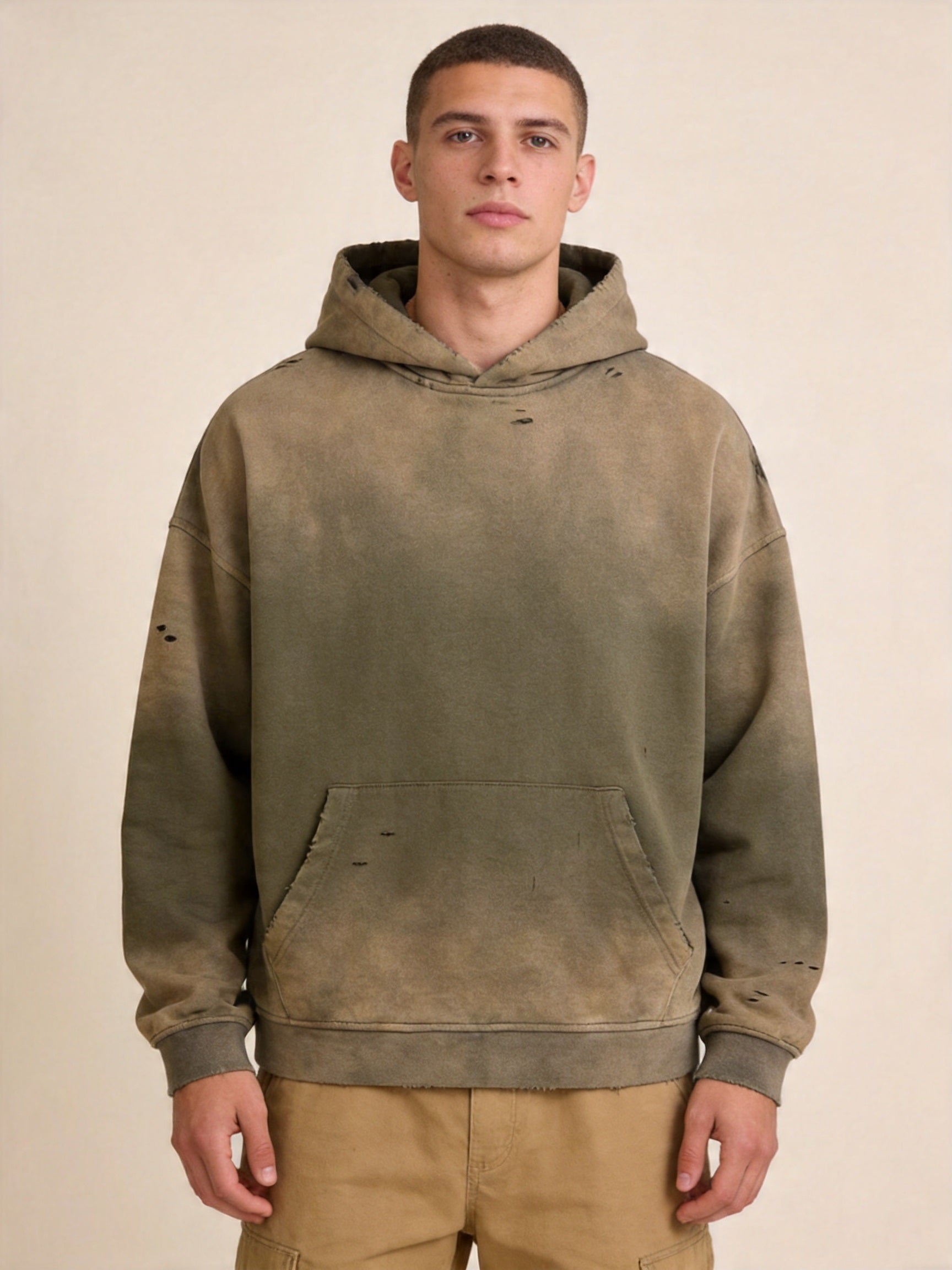 Men's Heavyweight Cotton Grunge Zip-Up Hoodie, Retro Washed Spray-Painted Distressed Oversized Sweatshirt