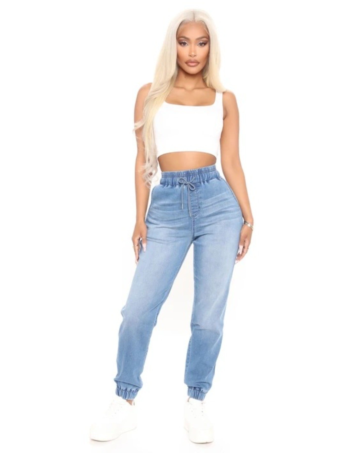 Women'S Light Blue Drawstring Waist Jogger Jeans, Loose And Stretchy for Casual Versatility, And Leg-Lengthening, Perfect for Daily Commutes, Shopping, Or Strolls in Summer