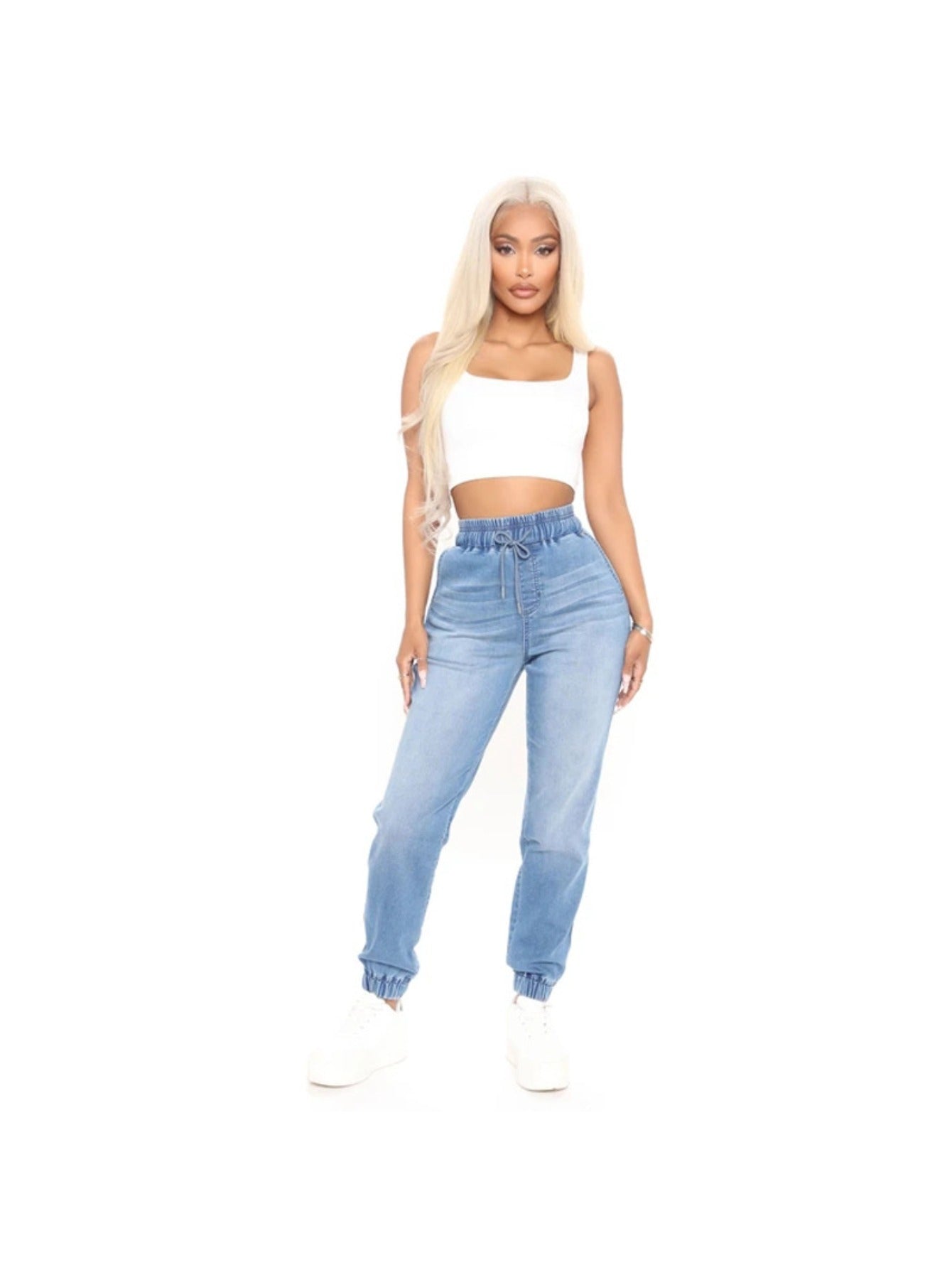 Women'S Light Blue Drawstring Waist Jogger Jeans, Loose And Stretchy for Casual Versatility, And Leg-Lengthening, Perfect for Daily Commutes, Shopping, Or Strolls in Summer