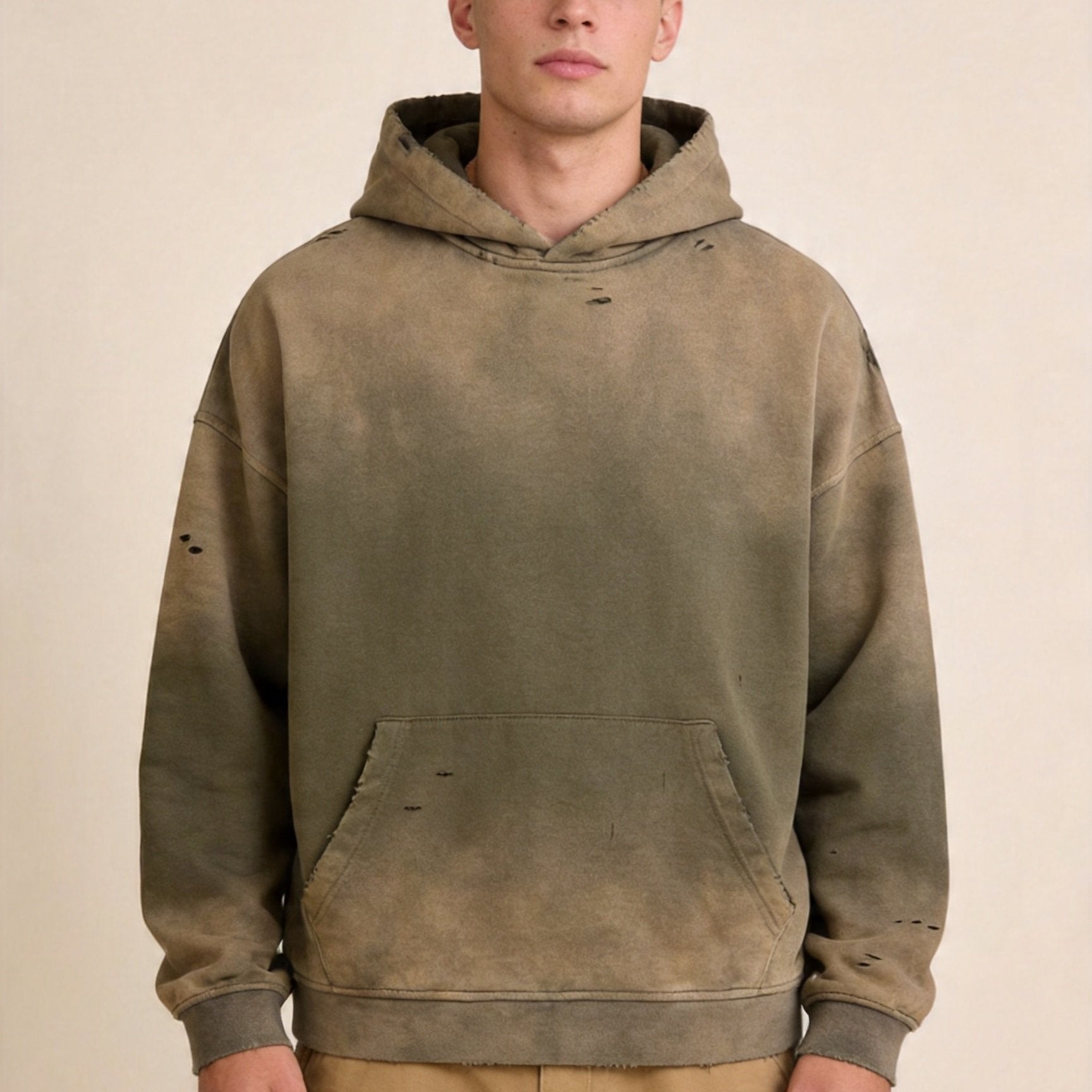 Men's Heavyweight Cotton Grunge Zip-Up Hoodie, Retro Washed Spray-Painted Distressed Oversized Sweatshirt
