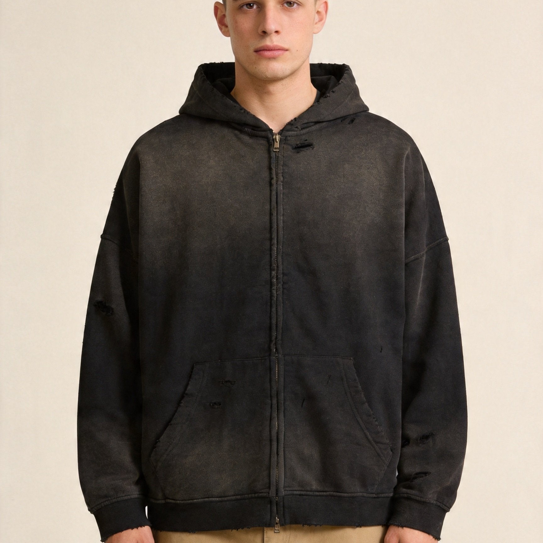 Men's Heavyweight Cotton Grunge Zip-Up Hoodie, Retro Washed Spray-Painted Distressed Oversized Sweatshirt