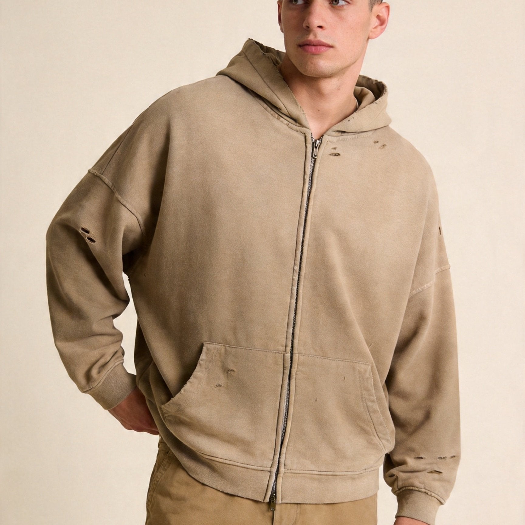 Men's Heavyweight Cotton Grunge Zip-Up Hoodie, Retro Washed Spray-Painted Distressed Oversized Sweatshirt