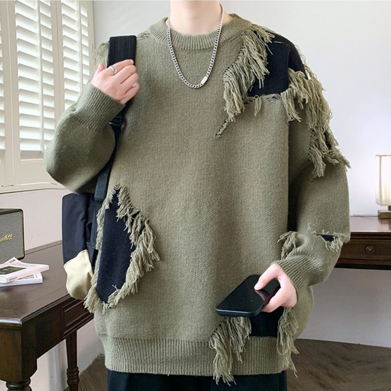 Edgy Teen Youth Distressed Sweater with Fringe Tassels Color Block Patchwork Knit Top Lazy Style Loose Crewneck Wool Pullover Trendy Outer Wear Pullover Jacket, for Teenager
