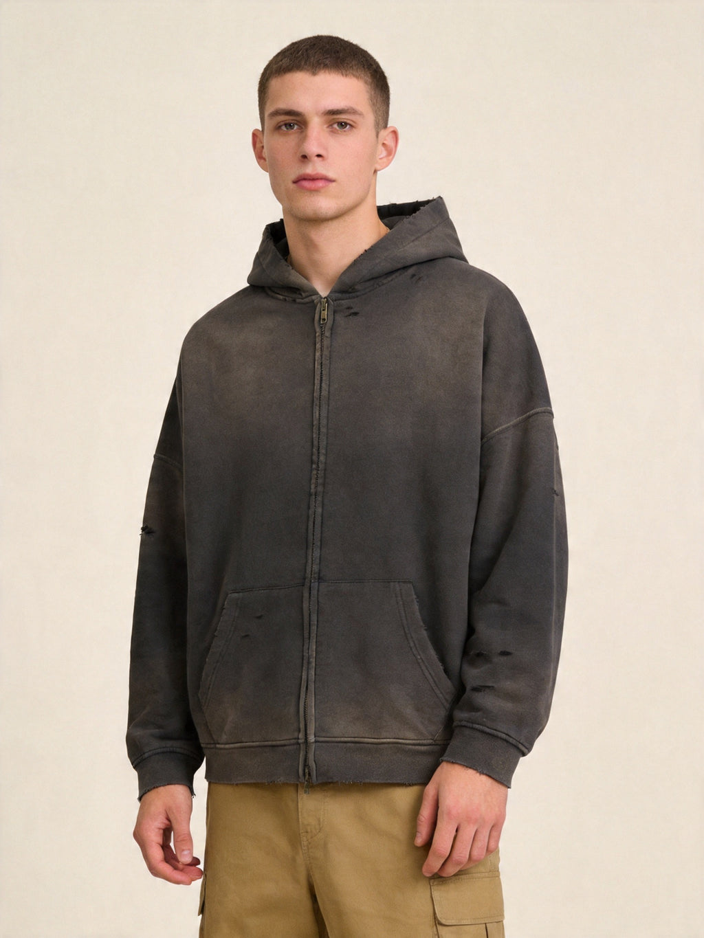Men's Heavyweight Cotton Grunge Zip-Up Hoodie, Retro Washed Spray-Painted Distressed Oversized Sweatshirt
