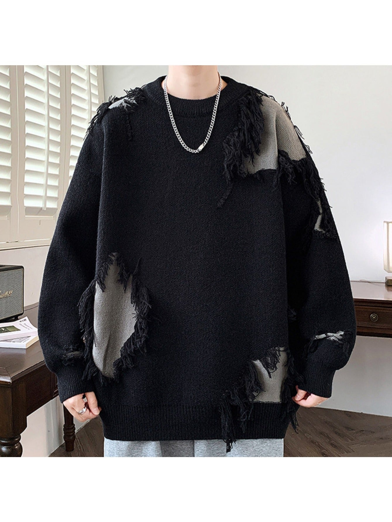 Edgy Teen Youth Distressed Sweater with Fringe Tassels Color Block Patchwork Knit Top Lazy Style Loose Crewneck Wool Pullover Trendy Outer Wear Pullover Jacket, for Teenager