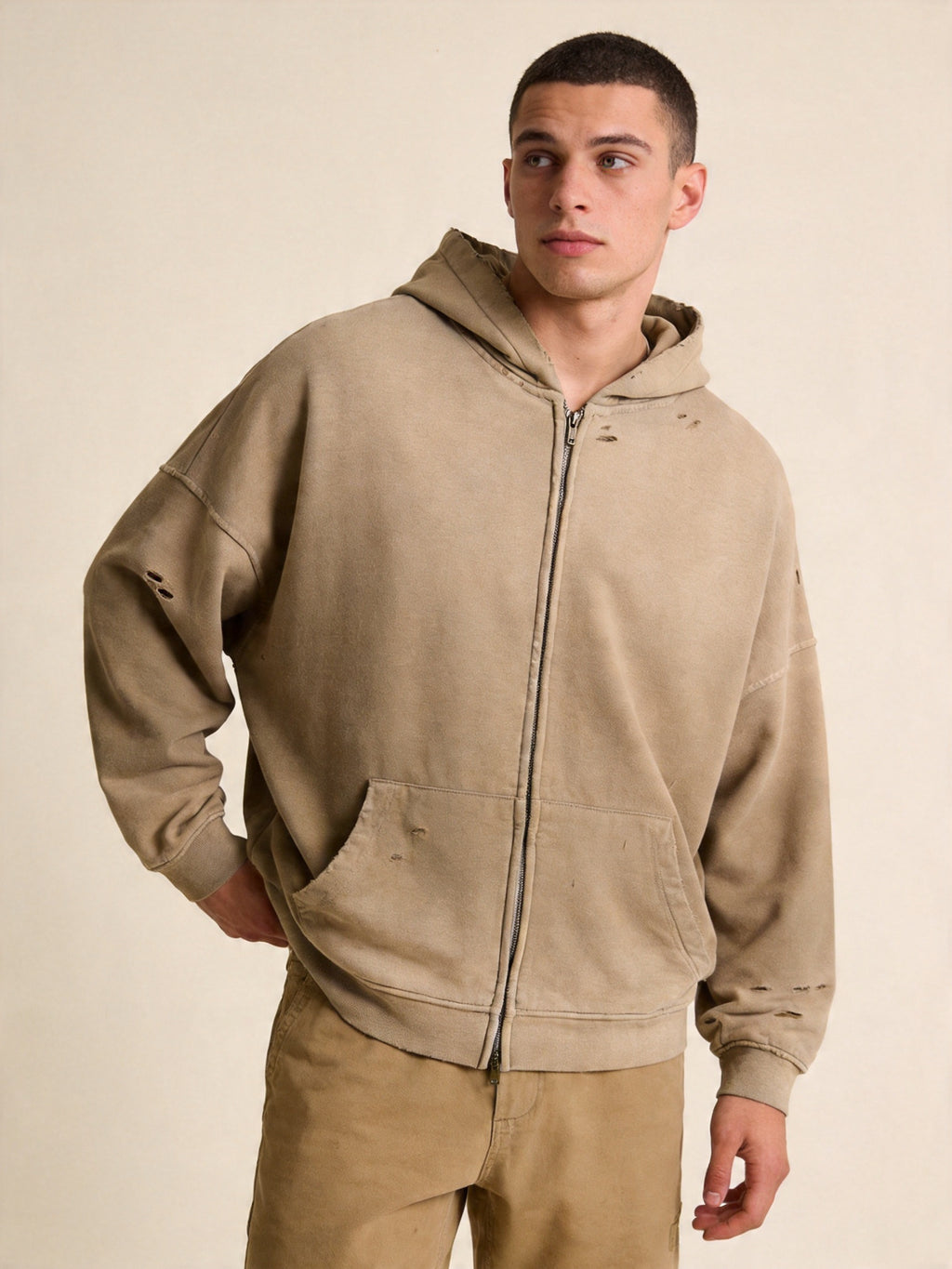 Men's Heavyweight Cotton Grunge Zip-Up Hoodie, Retro Washed Spray-Painted Distressed Oversized Sweatshirt