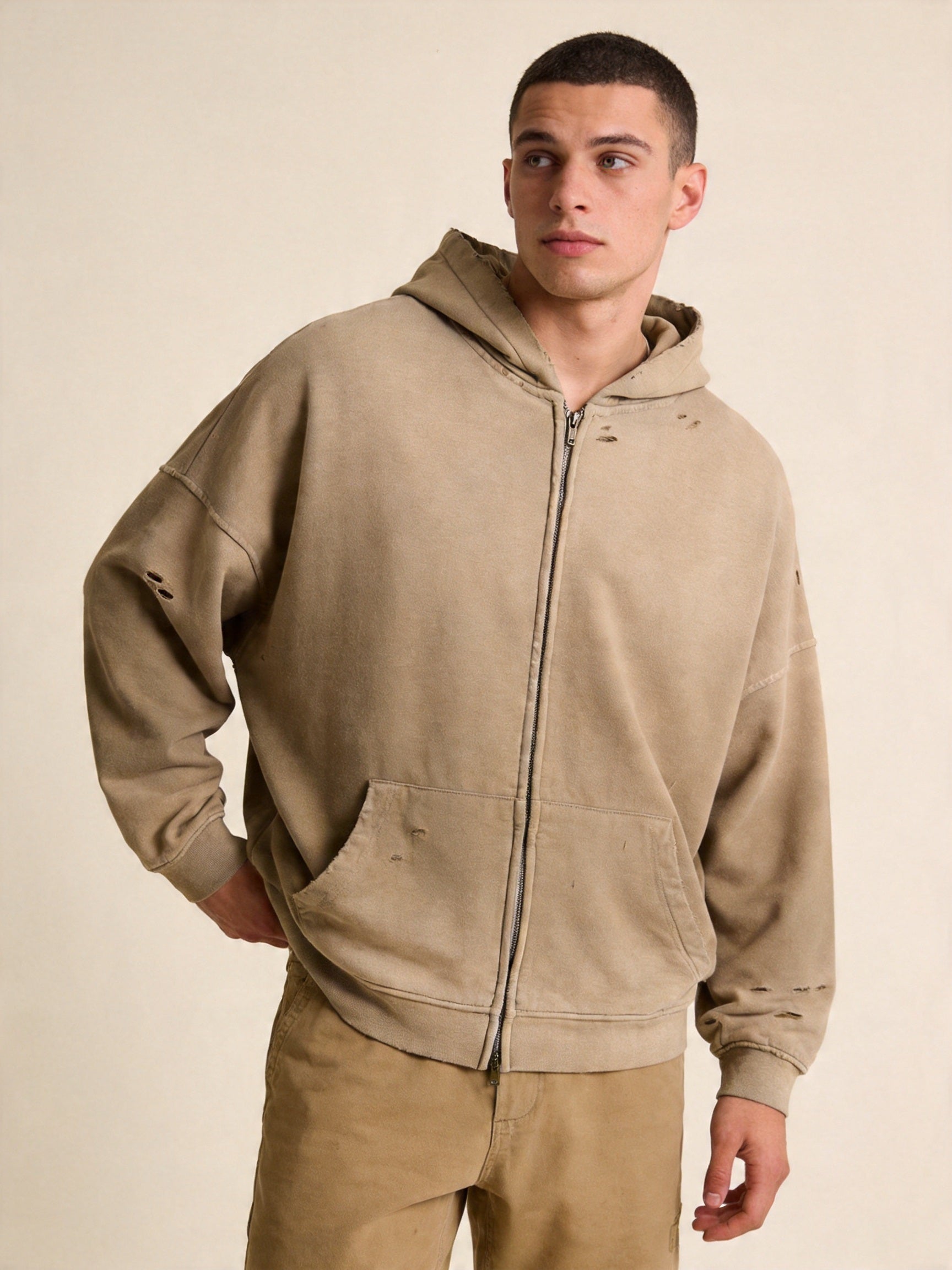 Men's Heavyweight Cotton Grunge Zip-Up Hoodie, Retro Washed Spray-Painted Distressed Oversized Sweatshirt
