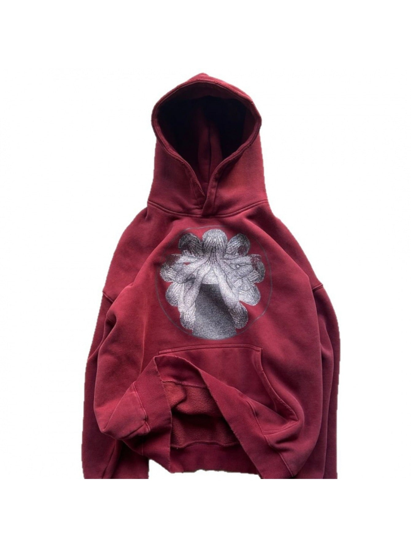 Men's Wine Red American Style Printed Oversized Hoodie, Unique Trendy Design No Duplicate Style, Comfort Loose Autumn Casual Hooded Sweatshirt Ideal for Daily Street Fashion Outfits