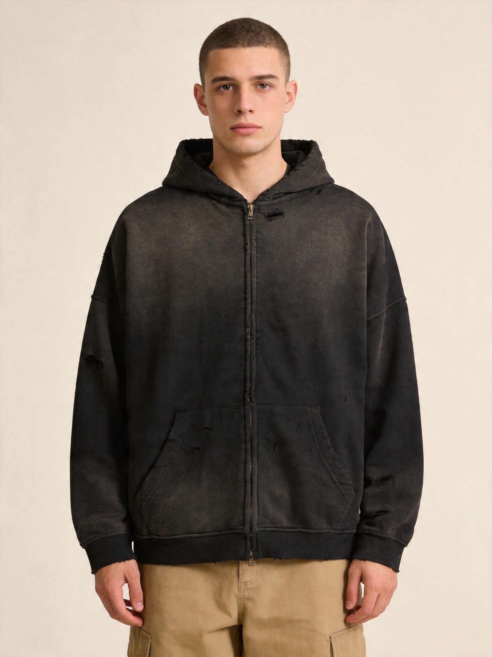 Men's Heavyweight Cotton Grunge Zip-Up Hoodie, Retro Washed Spray-Painted Distressed Oversized Sweatshirt