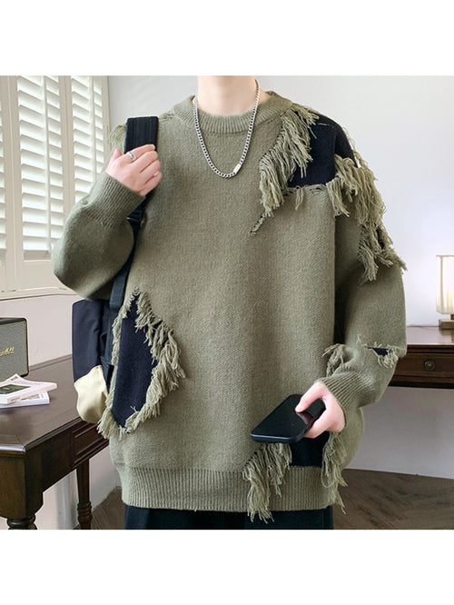 Edgy Teen Youth Distressed Sweater with Fringe Tassels Color Block Patchwork Knit Top Lazy Style Loose Crewneck Wool Pullover Trendy Outer Wear Pullover Jacket, for Teenager
