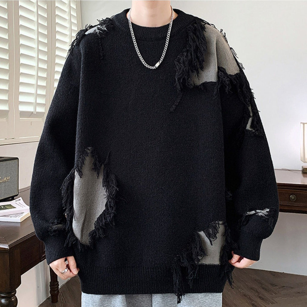 Edgy Teen Youth Distressed Sweater with Fringe Tassels Color Block Patchwork Knit Top Lazy Style Loose Crewneck Wool Pullover Trendy Outer Wear Pullover Jacket, for Teenager
