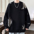 Edgy Teen Youth Distressed Sweater with Fringe Tassels Color Block Patchwork Knit Top Lazy Style Loose Crewneck Wool Pullover Trendy Outer Wear Pullover Jacket, for Teenager