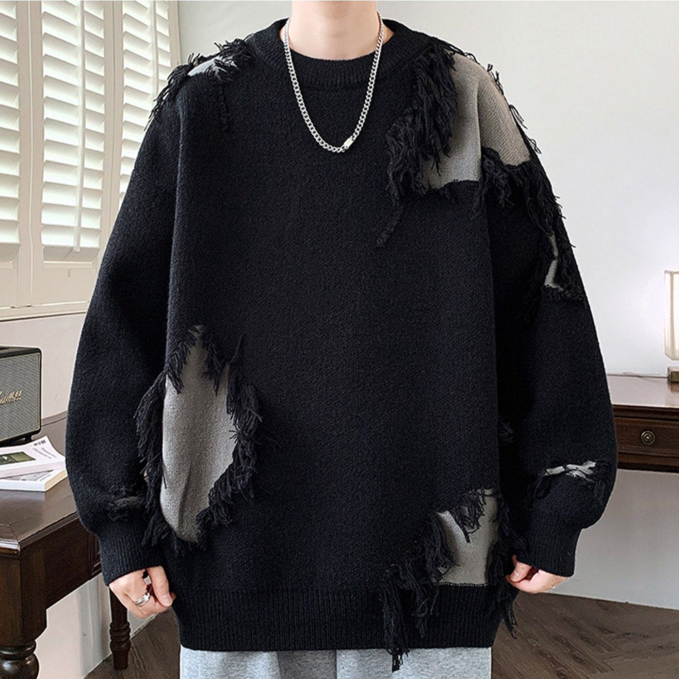 Edgy Teen Youth Distressed Sweater with Fringe Tassels Color Block Patchwork Knit Top Lazy Style Loose Crewneck Wool Pullover Trendy Outer Wear Pullover Jacket, for Teenager