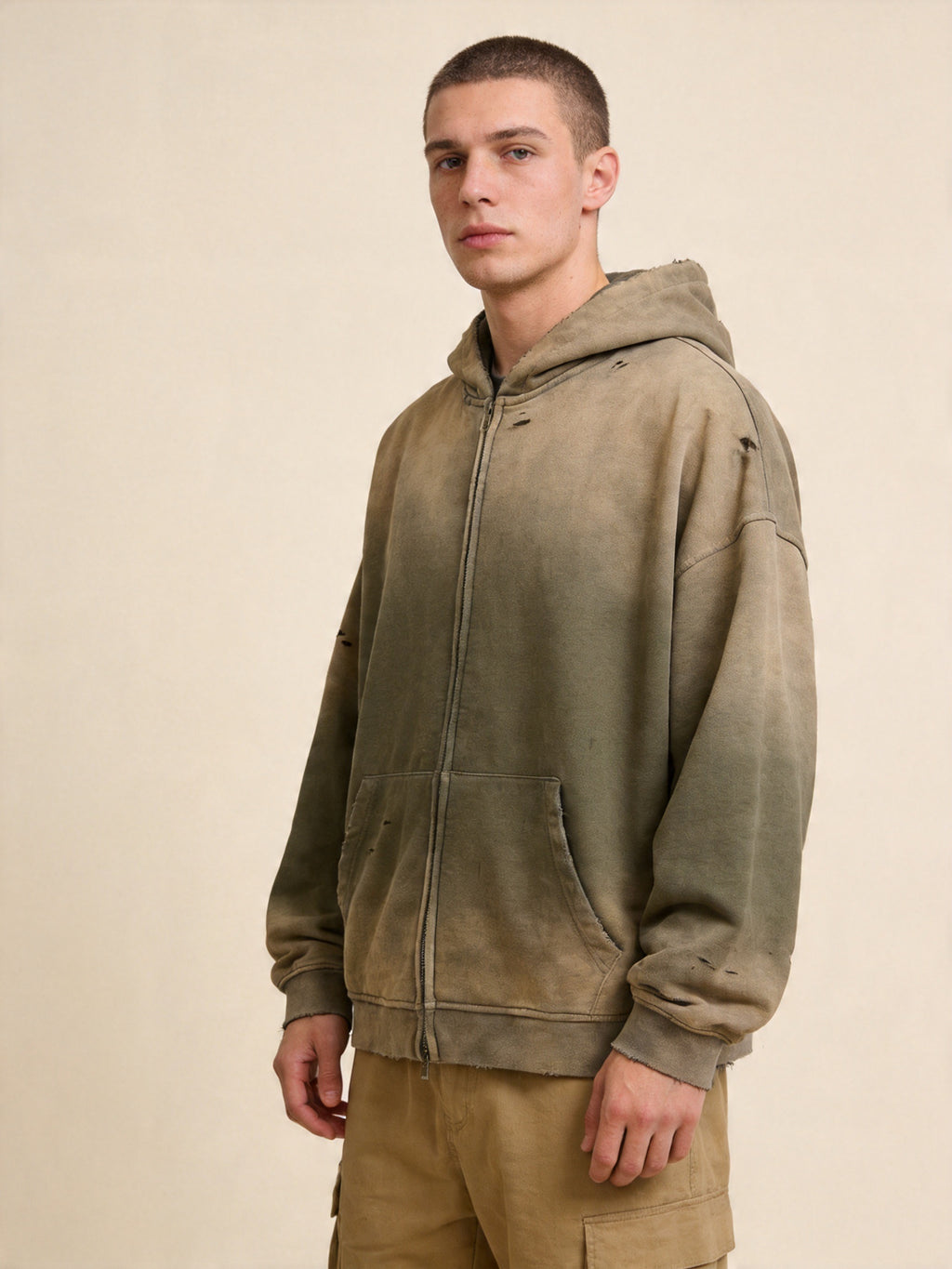Men's Heavyweight Cotton Grunge Zip-Up Hoodie, Retro Washed Spray-Painted Distressed Oversized Sweatshirt