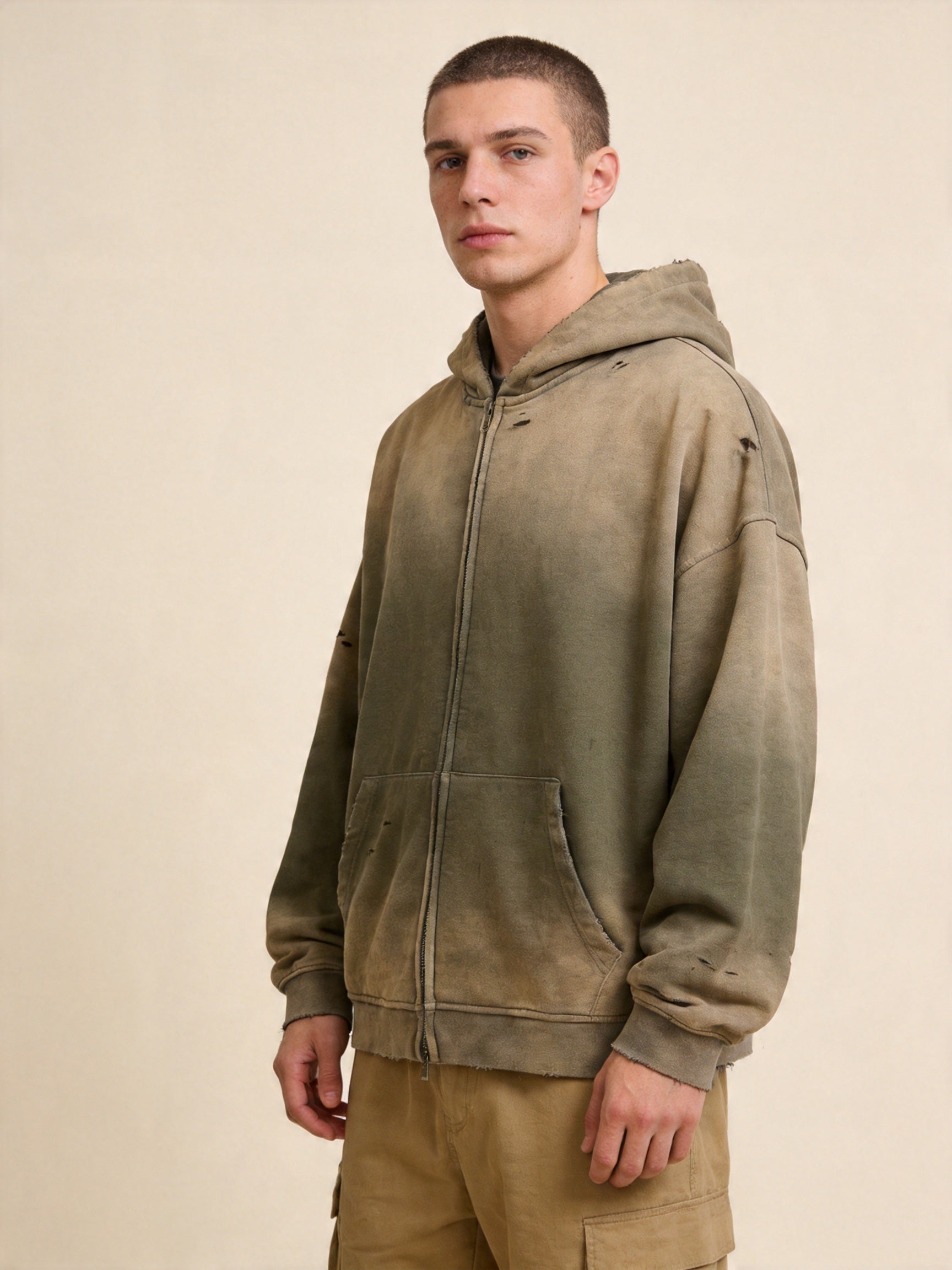 Men's Heavyweight Cotton Grunge Zip-Up Hoodie, Retro Washed Spray-Painted Distressed Oversized Sweatshirt