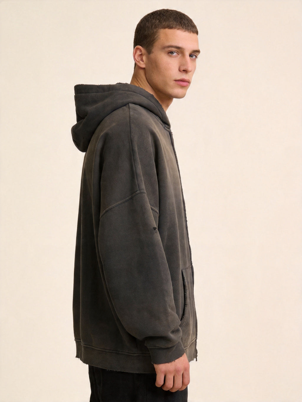 Men's Heavyweight Cotton Grunge Zip-Up Hoodie, Retro Washed Spray-Painted Distressed Oversized Sweatshirt