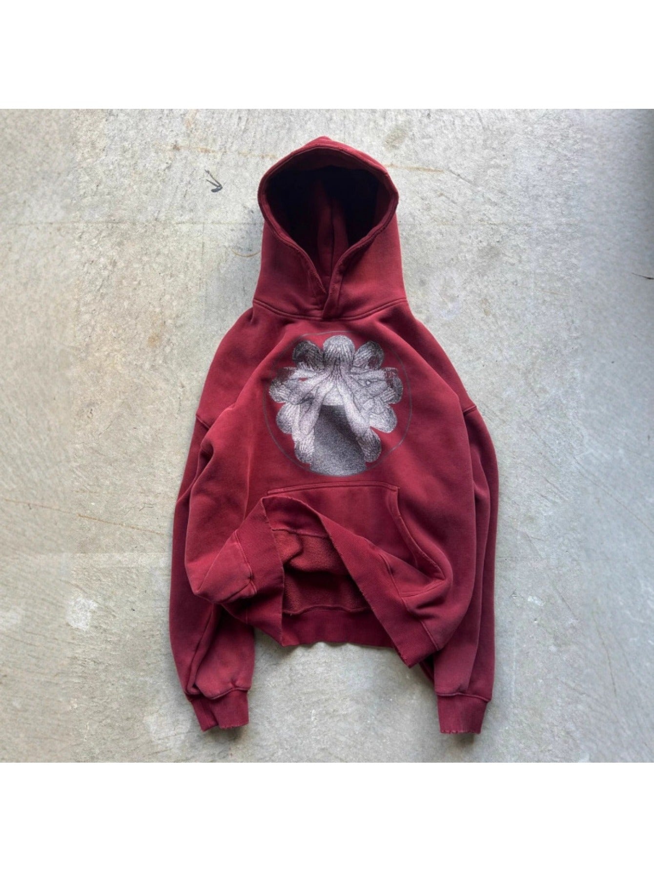 Men's Wine Red American Style Printed Oversized Hoodie, Unique Trendy Design No Duplicate Style, Comfort Loose Autumn Casual Hooded Sweatshirt Ideal for Daily Street Fashion Outfits