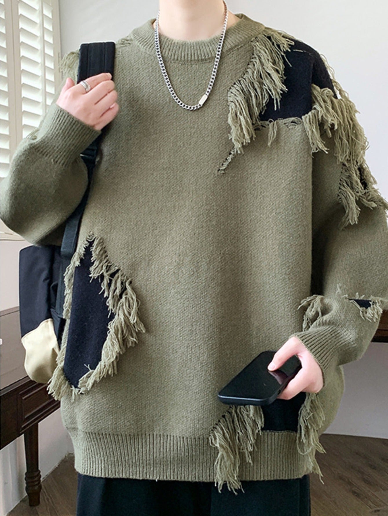 Edgy Teen Youth Distressed Sweater with Fringe Tassels Color Block Patchwork Knit Top Lazy Style Loose Crewneck Wool Pullover Trendy Outer Wear Pullover Jacket, for Teenager